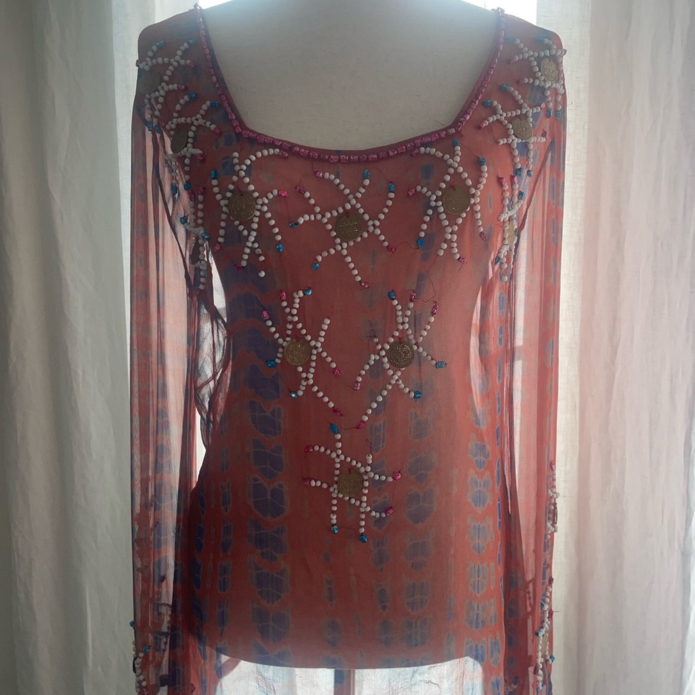 100% SILK Beaded Sheer Coral Long-Sleeve Women's Top